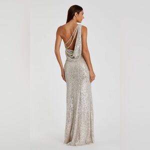 ieena for Mac duggal Sequined One Shoulder Draped Back Gown